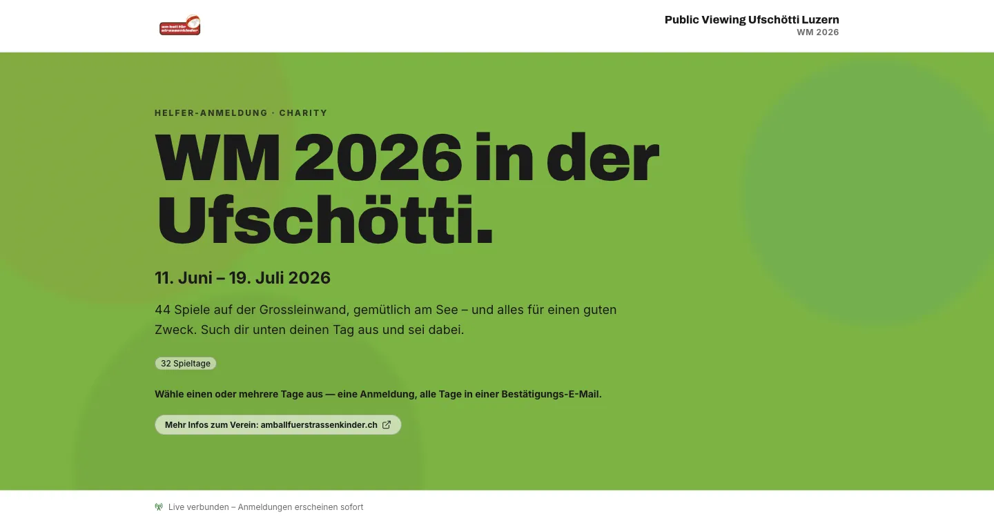 Startseite des Helfer-Systems mit dem Titel «WM 2026 in der Ufschötti», dem Zeitraum 11. Juni bis 19. Juli 2026 und dem Hinweis, einen oder mehrere Spieltage auszuwählen.