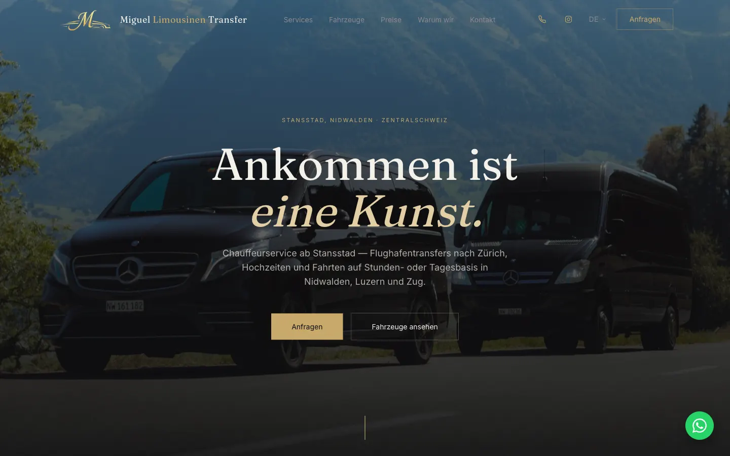Startseite von Miguel Limousinen Transfer: zwei schwarze Mercedes-Transporter auf einer Bergstrasse, darüber der Titel «Ankommen ist eine Kunst» und die Knöpfe «Anfragen» und «Fahrzeuge ansehen».